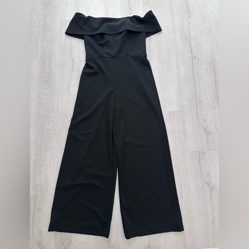 Neiman Marcus Off-Shoulder Black Wide Leg Jumpsuit